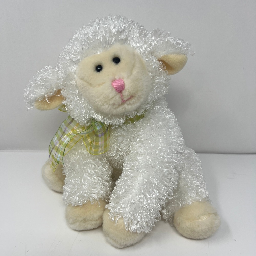 Ty Lamb Sheep Small White Curly Fur Plaid Bow Easter Beanie Buddies‎ 2006 9"